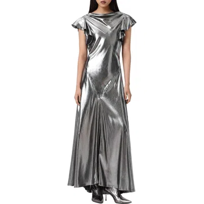 Allsaints Flora Metallic Cowl Neck Maxi Dress In Gray