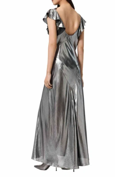 Allsaints Flora Metallic Cowl Neck Maxi Dress In Gray