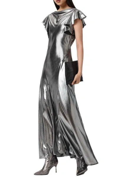 Allsaints Flora Metallic Cowl Neck Maxi Dress In Gray
