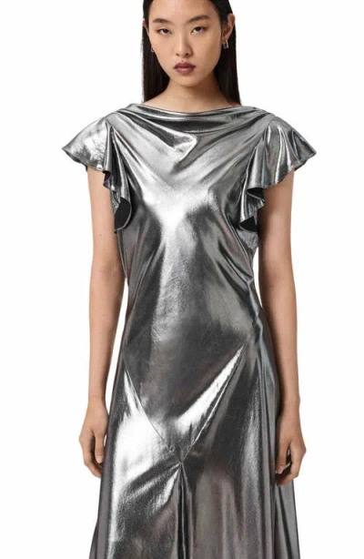 Allsaints Flora Metallic Cowl Neck Maxi Dress In Gray