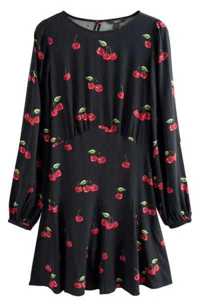 Next Cherry Print Long Sleeve Minidress In Black