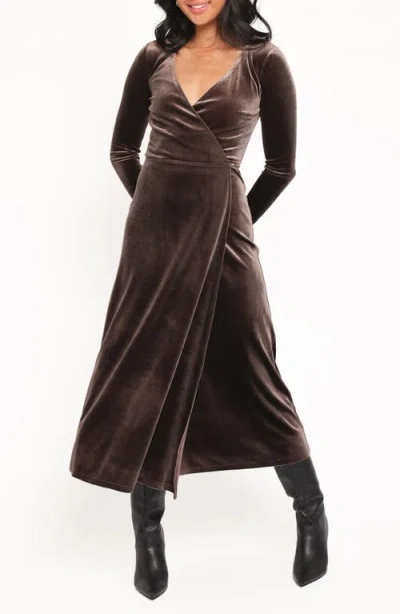 Petal And Pup Petal & Pup Darby Long Sleeve Velvet Midi Wrap Dress In Brown