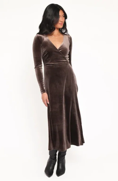Petal And Pup Petal & Pup Darby Long Sleeve Velvet Midi Wrap Dress In Brown