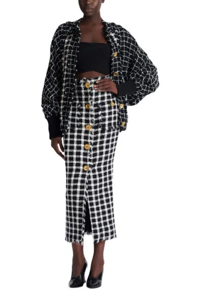 Balmain Long Gingham Tweed Skirt In Black
