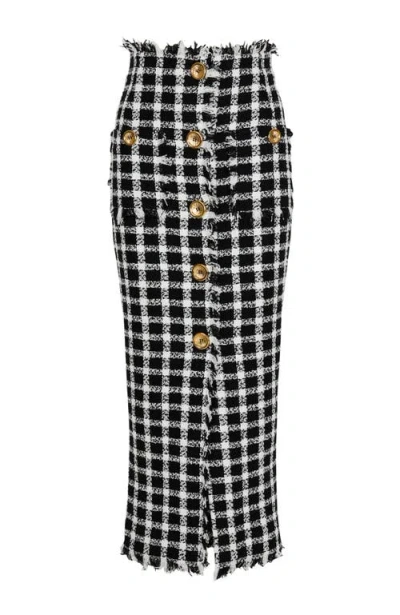 Balmain Long Gingham Tweed Skirt In Black