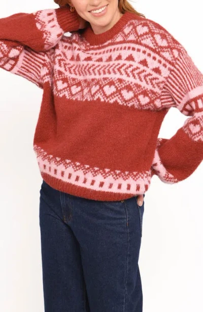 Petal And Pup Petal & Pup Zinnia Fair Isle Crewneck Sweater In Red