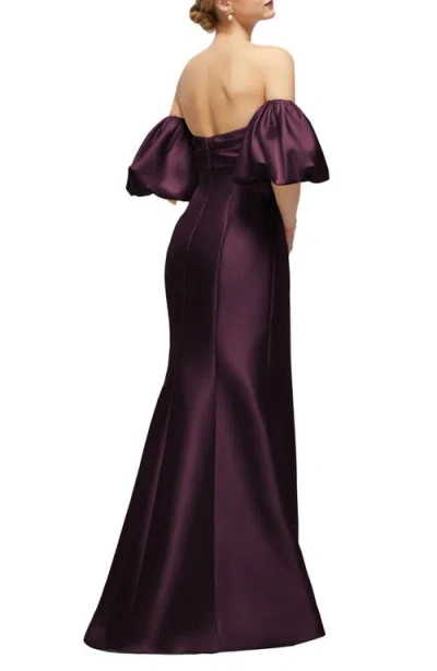 Alfred Sung Off The Shoulder Puff Sleeve Satin Gown In Purple