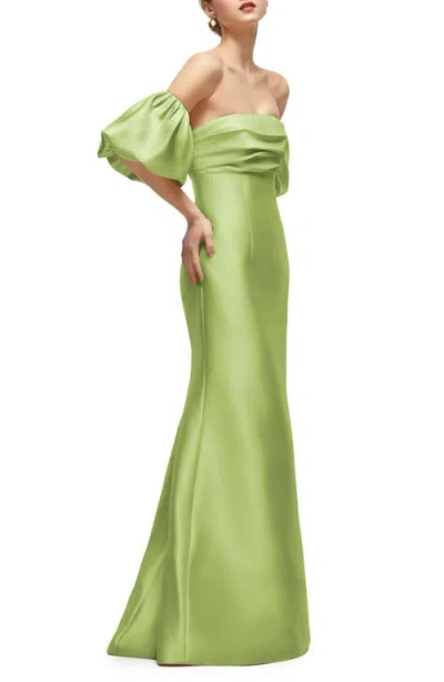 Alfred Sung Off The Shoulder Puff Sleeve Satin Gown In Green