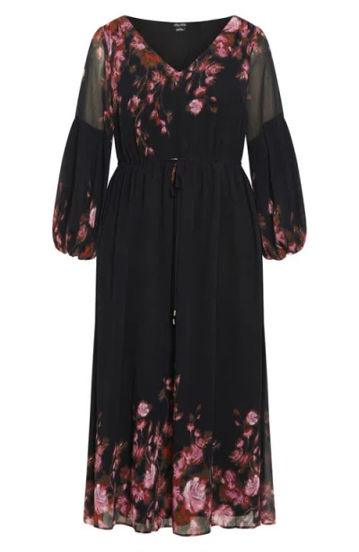 City Chic Frances Floral Semi Sheer Sleeve Maxi Dress In Black