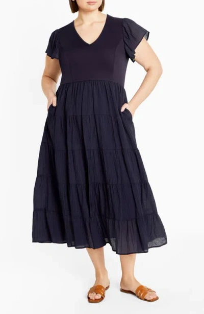 City Chic Marli Mixed Media Midi Dress In Blue