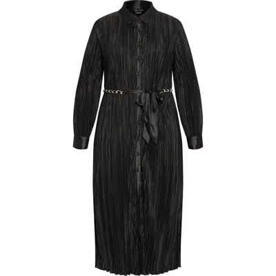 City Chic Amirah Plissé Long Sleeve Maxi Shirtdress In Black