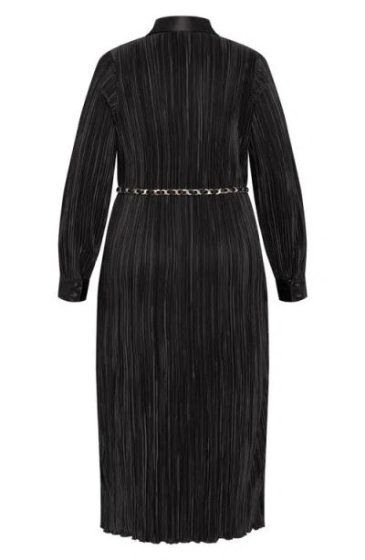 City Chic Amirah Plissé Long Sleeve Maxi Shirtdress In Black