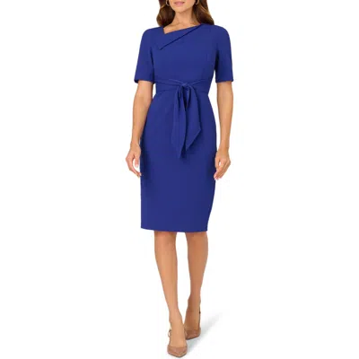 Adrianna Papell Asymmetric Collar Tie Waist Crepe Sheath Dress In Blue