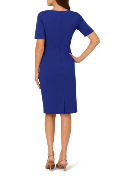Adrianna Papell Asymmetric Collar Tie Waist Crepe Sheath Dress In Blue