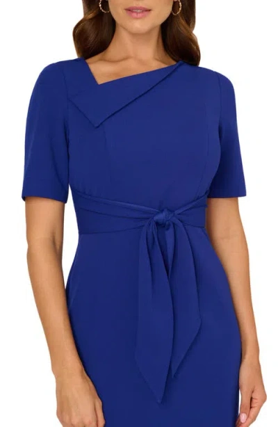 Adrianna Papell Asymmetric Collar Tie Waist Crepe Sheath Dress In Blue