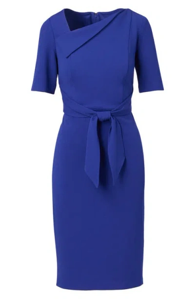 Adrianna Papell Asymmetric Collar Tie Waist Crepe Sheath Dress In Blue