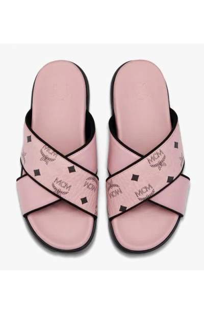 Mcm Cross Sandal In Visetos Leather Mix In Pink