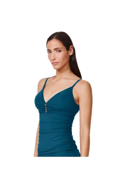 Profile By Gottex Tutti Frutti Fashion V-neck Gold Beaded Tankini Top In Blue