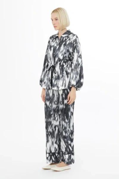 Gizia Ruffled Sleeve Printed Loose Fit Grey Set In Gray