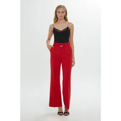 Gizia Pleated Stitch Classic Ecru Palazzo Pants In Red