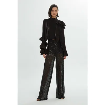 Gizia Side Zipper Sequin Wide Leg Black Trousers In Black
