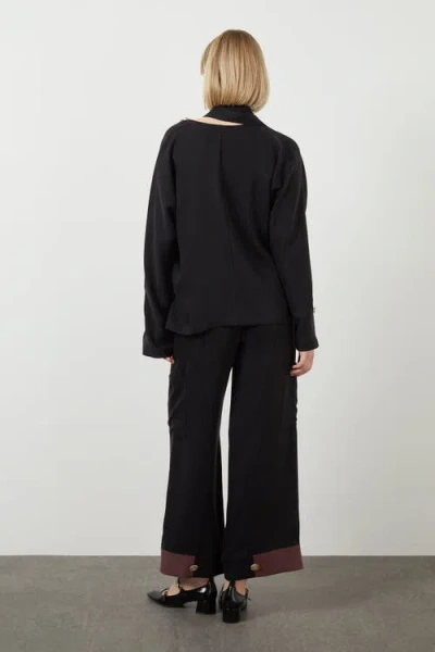 Gizia Embroidered Tie Neck Detail Unlined Long-sleeve Black Blouse In Black