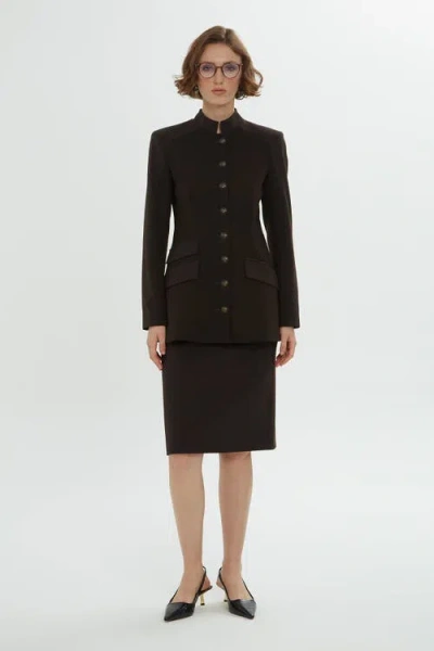 Gizia Brown Jacket And Pencil Skirt Set With Button Details In Brown