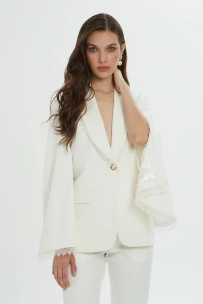 Gizia Lace Detail Sleeves And Collar Cream Blazer And Pants Suit In White