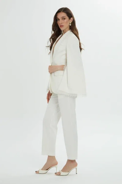 Gizia Lace Detail Sleeves And Collar Cream Blazer And Pants Suit In White