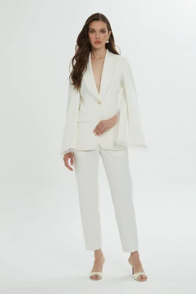 Gizia Lace Detail Sleeves And Collar Cream Blazer And Pants Suit In White
