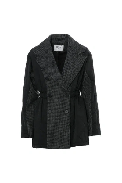 Gizia Waist Elastic Double-breasted Zippered Quilted Gray Coat In Black