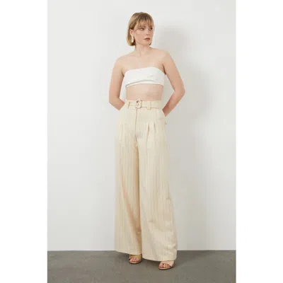 Gizia Belted Wide-leg Striped Off-white Pants In Neutral