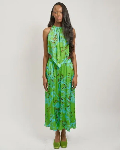 Lost Pattern Nyc "coco Dream" Satin Midi Skirt In Green
