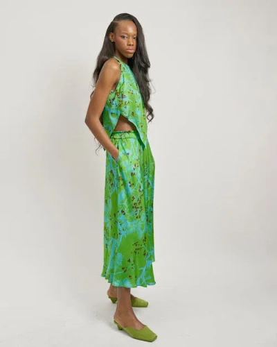 Lost Pattern Nyc "coco Dream" Satin Midi Skirt In Green