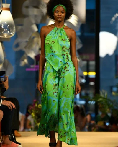 Lost Pattern Nyc "coco Dream" Satin Midi Skirt In Green
