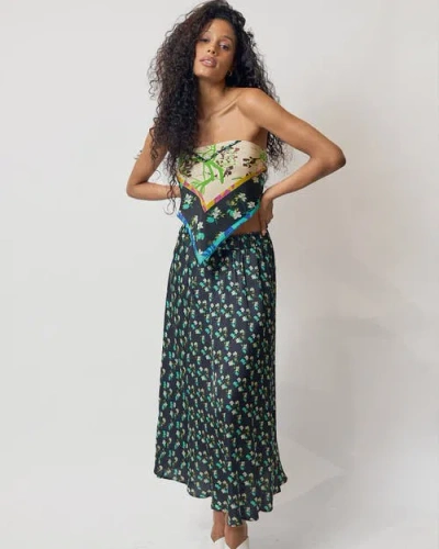 Lost Pattern Nyc "beach Blossom" Satin Midi Skirt In Black