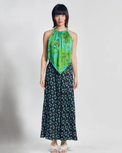 Lost Pattern Nyc "beach Blossom" Satin Midi Skirt In Black