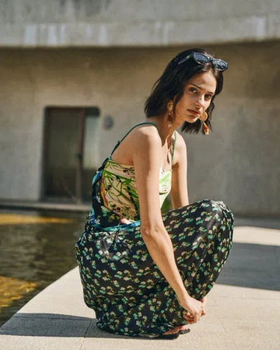 Lost Pattern Nyc "beach Blossom" Satin Midi Skirt In Black