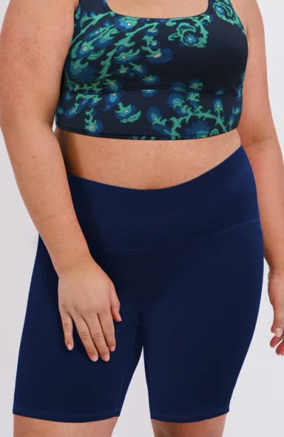 Calypsa Plus Size Tummy Control Long Bike Swim Shorts In Blue