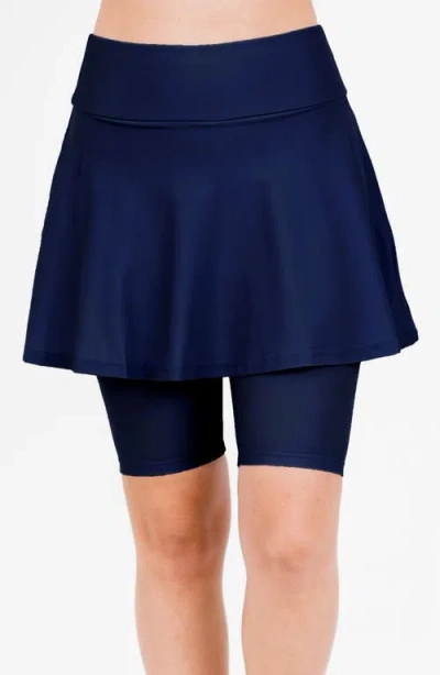 Calypsa Midi Swim Skort With Bike Shorts In Blue