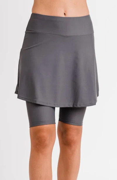 Calypsa Plus Size Midi Swim Skort With Bike Shorts In Gray