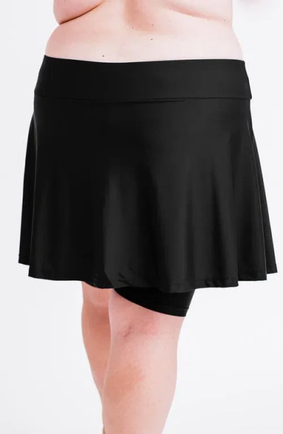 Calypsa Plus Size Midi Swim Skort With Bike Shorts In Black