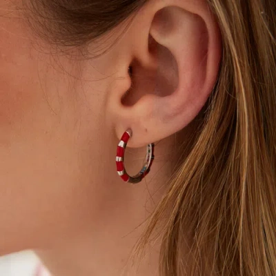 Spero London Enamel Red Fine Stripe Sterling Silver Hoop Earrings With Multi Color Zirconia Interior In Multi