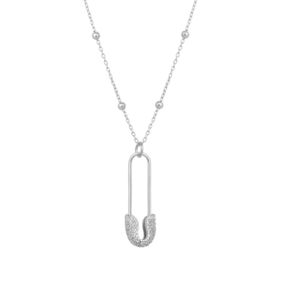 Spero London Sterling Silver Jewelled Safety Pin Necklace With Beaded Chain In Silver