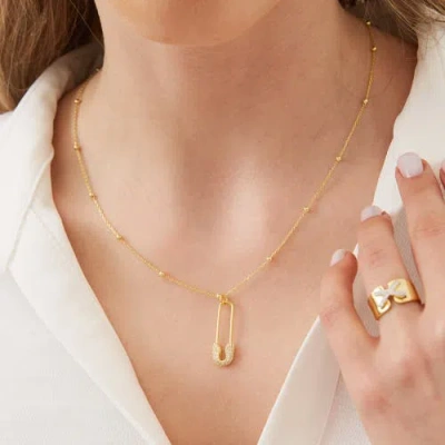 Spero London Sterling Silver Jewelled Safety Pin Necklace With Beaded Chain In Silver