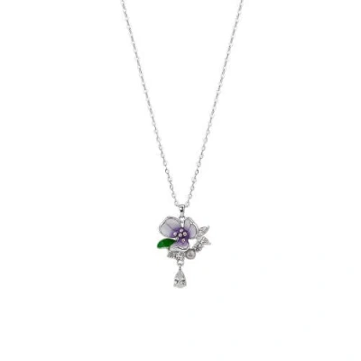 Spero London Pansy Violet Floral Necklace In Silver