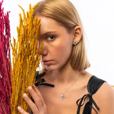 Spero London Pansy Violet Floral Necklace In Silver