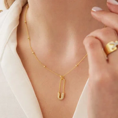 Spero London Sterling Silver Jewelled Safety Pin Necklace With Beaded Chain In Gold