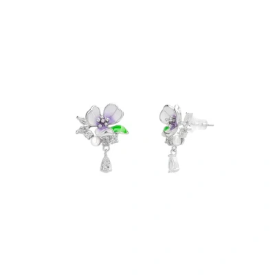 Spero London Pansy Violet Floral Earring In Silver
