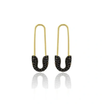 Spero London Black Pave Safety Pin Earring Jewelled Sterling Silver In Gold